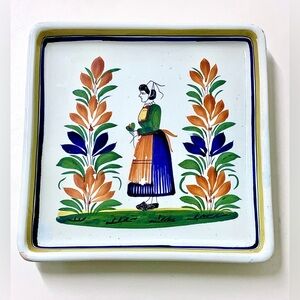 Late 19th Century Antique Quimper HENRIOT Lady Center Square Tray Plate
